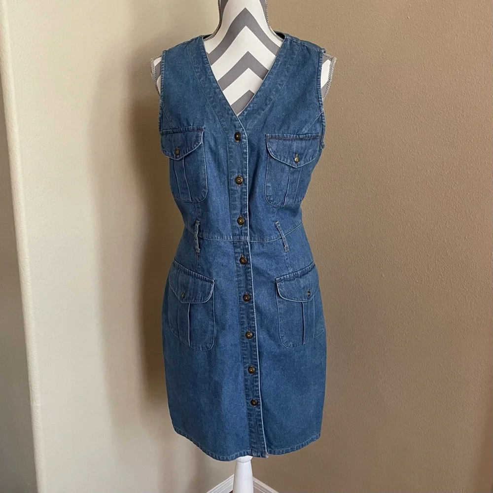 Denim Sleeveless Button Down Dress - 100% Cotton - Size: Large - Picture 1 of 9